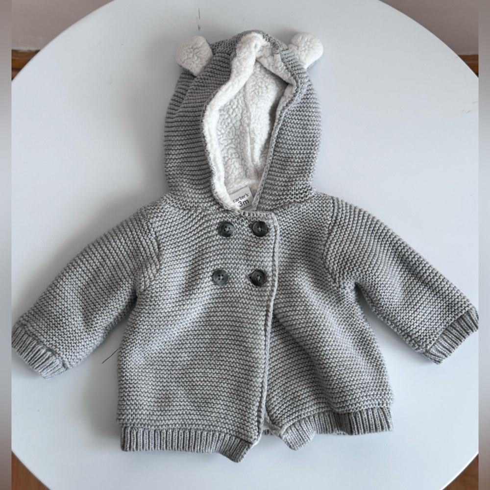 Carter's Gray Sherpa Lined Cotton Long-Sleeve Hooded Jacket with Bear Ears 3mo - Picture 1 of 10
